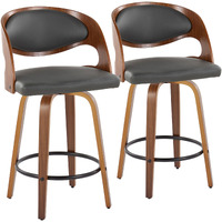 Pino 26"" Mid-Century Modern Fixed-Height Barstool With Swivel In Walnut Wood And Grey Faux Leather With Round Black Metal Footrest By Lumisource - Set Of 2