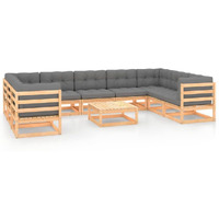 Vidaxl 10 Piece Patio Lounge Set With Cushions In Solid Wood Pine - Rustic Charm Sofa Set For Outdoor Living - Gray Cushions  Requires Assembly