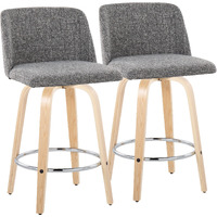 Toriano 26"" Contemporary Fixed Height Counter Stool With Swivel In Natural Wood And Grey Noise Fabric With Round Chrome Metal Footrest By Lumisource - Set Of 2