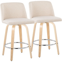 Toriano 26"" Contemporary Fixed Height Counter Stool With Swivel In Natural Wood And Cream Noise Fabric With Round Chrome Metal Footrest By Lumisource - Set Of 2