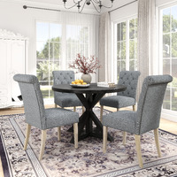 Banff 5-Piece Dining Set  Cross-Buck Round Table With 4 Tufted Chairs  Gray