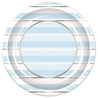 Blue And White Stripe Baby Shower Round Plates  9"" - 8 Pcs.