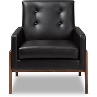 Baxton Studio Perris Mid-Century Modern Black Faux Leather Upholstered Walnut Wood Lounge Chair