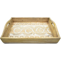 Hand Carved Wooden Breakfast Serving Tray with Handle for Breakfast Tea Snack Dessert | Kitchen Dining Serve-Ware Accessories | 15 x 10 Inches | 2047