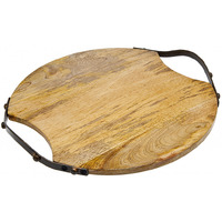 13 Natural Brown Round Wood and Metal Tray