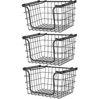 Oceanstar Stackable Metal Wire Storage Basket Set for Pantry, countertop, Kitchen or Bathroom Black, Set of 3(D0102HXN18X)