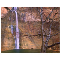 Calf Creek Falls cascading down sandstone cliff with desert varnish, Escalante National Monument, Utah-Paper Art-18"x14"