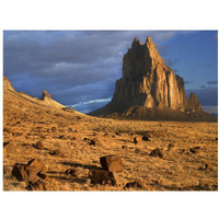 Shiprock, the basalt core of an extinct volcano, tuff-breccia ejected boulders in foreground, New Mexico-Paper Art-18"x14"