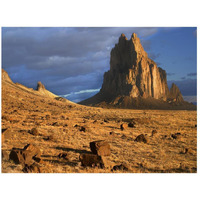 Shiprock, the basalt core of an extinct volcano, tuff-breccia ejected boulders in foreground, New Mexico-Paper Art-26"x20"