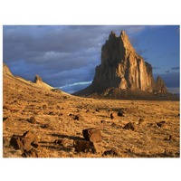 Shiprock, the basalt core of an extinct volcano, tuff-breccia ejected boulders in foreground, New Mexico-Paper Art-34"x26"