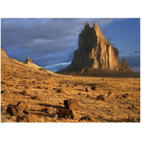 Shiprock, the basalt core of an extinct volcano, tuff-breccia ejected boulders in foreground, New Mexico-Paper Art-50"x38"