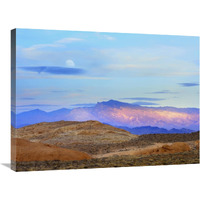 Sunset lighting up mountains under a full moon in Valley of Fire State Park, Mojave Desert, Nevada-Canvas Art-32"x24"