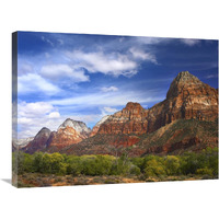 The Watchman, outcropping near south entrance of Zion National Park, cottonwoods in foreground, Utah-Canvas Art-32"x24"