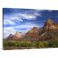 The Watchman, outcropping near south entrance of Zion National Park, cottonwoods in foreground, Utah-Canvas Art-40"x30"