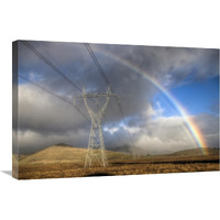 Powerlines, rainbow forms as evening sun lights up rain clouds, Canterbury, New Zealand-Canvas Art-30"x20"