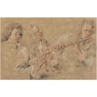 Two Studies of a Flutist and a Study of the Head of a Boy-Paper Art-38"x26"