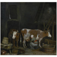 A Maid Milking a Cow in a Barn-Paper Art-32"x31"