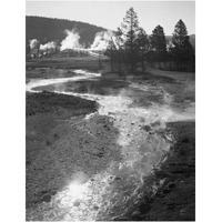 Stream winding back toward geyser, Central Geyser Basin, Yellowstone National Park, Wyoming, ca. 1941-1942-Paper Art-19"x24"