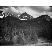 View of streamside trees and snow on mountains - Northeast Portion, Yellowstone National Park, Wyoming, ca. 1941-1942-Paper Art-24"x19"