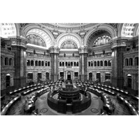 Main Reading Room. View from above showing researcher desks. Library of Congress Thomas Jefferson Building, Washington, D.C. - Black and White Variant-Paper Art-20"x14"