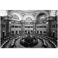 Main Reading Room. View from above showing researcher desks. Library of Congress Thomas Jefferson Building, Washington, D.C. - Black and White Variant-Paper Art-26"x18"