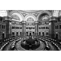 Main Reading Room. View from above showing researcher desks. Library of Congress Thomas Jefferson Building, Washington, D.C. - Black and White Variant-Paper Art-62"x42"