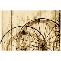 Old wagon wheels against a shed in Buffalo Gap Historic Village, near Abilene, TX - Sepia-Paper Art-32"x22"