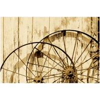 Old wagon wheels against a shed in Buffalo Gap Historic Village, near Abilene, TX - Sepia-Paper Art-50"x34"