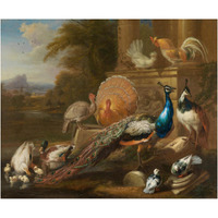 Peacocks, Doves, Turkeys, Chickens and Ducks by a Classical Ruin-Paper Art-24&quotx20"