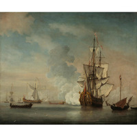 English Warship Firing a Salute, 1690 -Paper Art-18"x15.12"