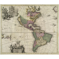 Western Hemisphere with double cartouche and California depicted as an island, 1695 -Paper Art-18"x15.76"