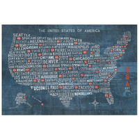 US City Map on Wood Blue -Paper Art-20"x14"