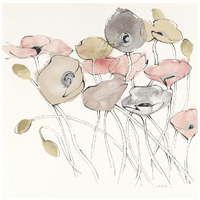 Black Line Poppies I Watercolor Neutral -Paper Art-20"x20"