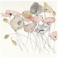 Black Line Poppies I Watercolor Neutral -Paper Art-42"x42"