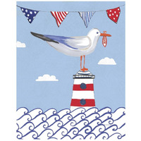 Coastal Bird I Flags on Blue -Paper Art-22"x26"