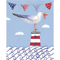 Coastal Bird I Flags on Blue -Paper Art-30"x37"