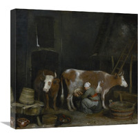 A Maid Milking a Cow in a Barn-Canvas Art-22"x20.9"