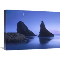 Sea stacks at dusk along Bandon Beach with rising moon, Oregon-Canvas Art-24&quotx18"