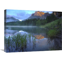 Morning light on Mt Kidd, mist rising from water, Kananaskis Country, Alberta, Canada-Canvas Art-24&quotx18"