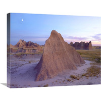 Crescent moon over landscape showing erosional features, Badlands National Park, South Dakota-Canvas Art-24"x20"