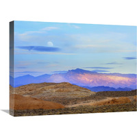 Sunset lighting up mountains under a full moon in Valley of Fire State Park, Mojave Desert, Nevada-Canvas Art-24"x18"