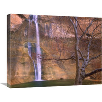 Calf Creek Falls cascading down sandstone cliff with desert varnish, Escalante National Monument, Utah-Canvas Art-24"x18"