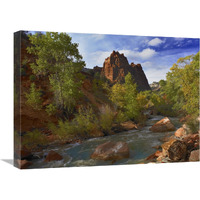 Mt Spry at 5,823 foot elevation with the Virgin River surrounded by Cottonwood trees, Zion National Park, Utah-Canvas Art-24"x18"