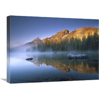 Teewinot Mountain reflected in misty lake, Grand Teton NP, Wyoming-Canvas Art-24"x18"