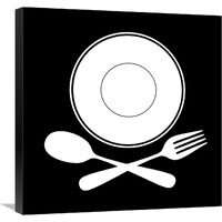 Mealtime: White on Black - Plate with Crossed Cutlery-Canvas Art-24"x24"