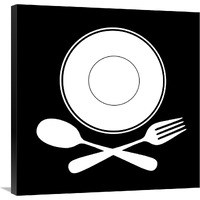 Mealtime: White on Black - Plate with Crossed Cutlery-Canvas Art-30"x30"