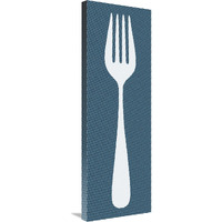 Mealtime: White on Blue with Dots - Fork-Canvas Art-12"x36"