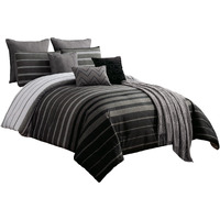 10 Piece King Polyester Comforter Set with Striped Details, Black and Gray