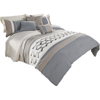 7 Piece Queen Polyester Comforter Set with Geometric Design, Blue and Gray