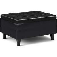 Harrison 34 inch Wide Transitional Rectangle Small Coffee Table Storage Ottoman in Midnight Black Faux Leather